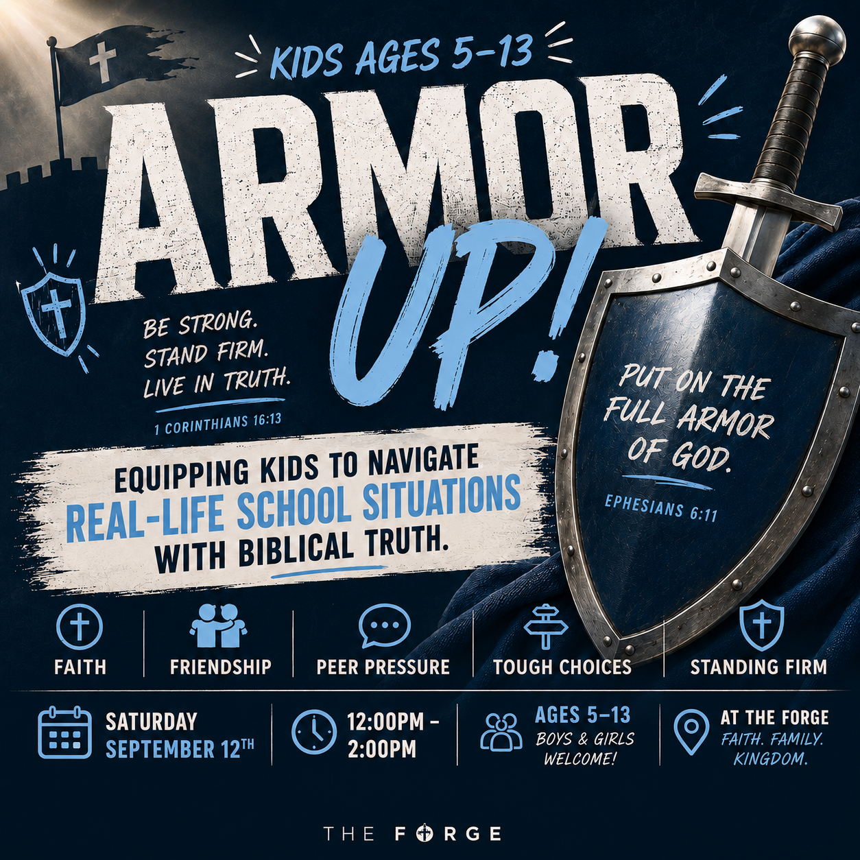 Armor Up kids event flyer for September 12, 2026