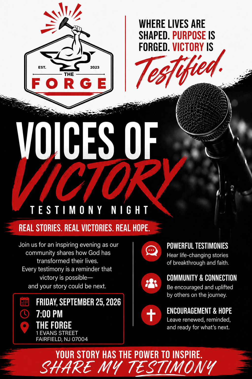 Voices of Victory Testimony Night flyer for September 25, 2026 at The Forge